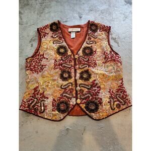 Vintage 100% Silk Vest Eccentric Embellished Beads Sequin Floral Retro *